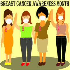 Fototapeta premium Breast Cancer awareness, Group of positive womens with pink ribbons wearing face mask cheering and holding hands. coronavirus, covid-19.