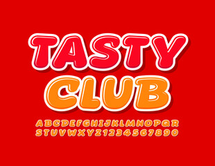 Vector logo Tasty Club for Menu and Cafe. Orange bright Font. Modern Alphabet Letters and Numbers set