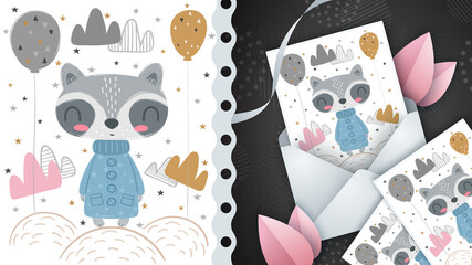 Pretty raccoon - idea for greeting card. © HandDraw