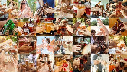 Collage of hands of young friends, colleagues during beer drinking, having fun, clinking bottles, glasses together. Collage design. Oktoberfest, friendship, togetherness, happiness, holidays concept