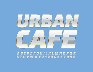 Vector chic emblem Urban Cafe. White and Gold glossy Font. Elite Alphabet Letters and Numbers set