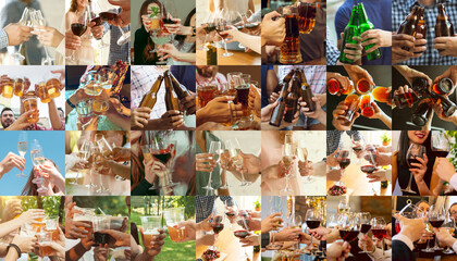 Naklejka na ściany i meble Collage of hands of young friends, colleagues during beer drinking, having fun, clinking bottles, glasses together. Collage design. Oktoberfest, friendship, togetherness, happiness, holidays concept