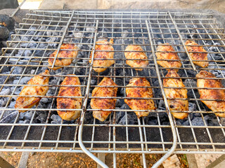 Delicious Grilled chicken on barbecue. Chicken wings on the mangal in nature. Picnic.
