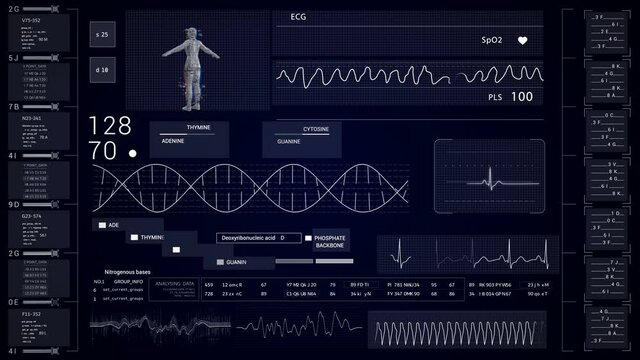 HUD Technological panel for medicine and science.3D human.DNA.Cardiogram monitor.ECG Vfib.Heart beat line.Medical Institute students.2D graphic.Green.Blue.Type 2