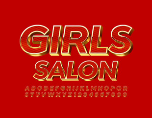 Vector glamour emblem Girls Salon. Textured Red and Gold Font. 3D Elegant Alphabet Letters and Numbers set