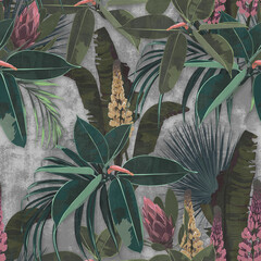Panele Szklane  Tapeta z kwiatami lawendy z różnymi liśćmi drzew