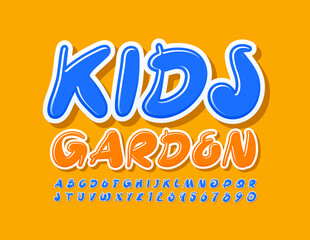 Vector creative sign Kids Garden. Artistic blue Font. Handwritten Alphabet Letters and Numbers set