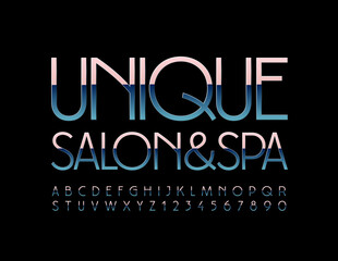 Vector chrome sign Unique Salon & Spa. Silver elegant Font. Metal Alphabet Letters and Numbers with gradient effect