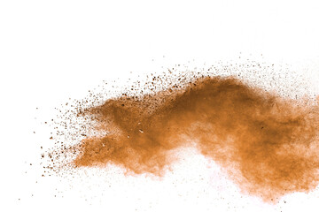 Brown powder explosion isolated on white background.