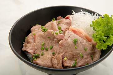 Japanese beef rice donburi in a bowl