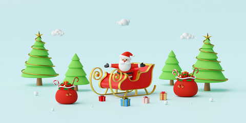 Merry Christmas and Happy New Year, Santa Claus on a Sleigh with Christmas gifts, 3d rendering