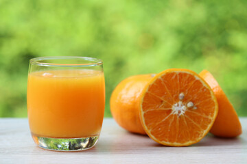Naklejka na ściany i meble Glass of orange juice and oranges on natural green background