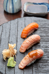 fine japanese nigiri sushi assorted of salmon aburi
