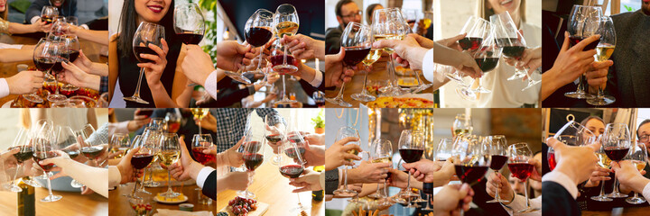 Collage of hands of young friends, colleagues during beer drinking, having fun, clinking bottles, glasses together. Flyer design. Oktoberfest, friendship, togetherness, happiness, holidays concept