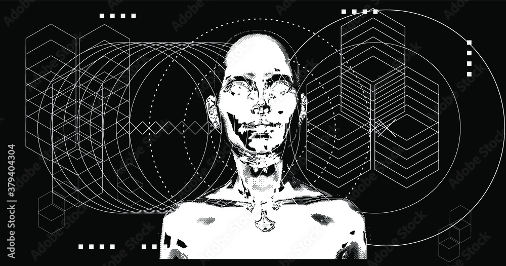 Poster pixelated human silhouette. conceptual illustration of artificial intelligence, cryptography and cyb