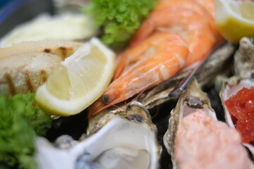 a plate of assorted seafood on a white background close-up