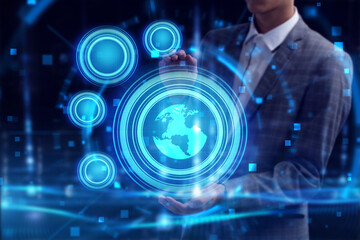 Business, Technology, Internet and network concept. Young businessman working on a virtual screen of the future and sees the inscription: