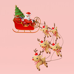 Scene of Santa Claus on a sleigh full of Christmas gifts and pulled by reindeer, 3d rendering