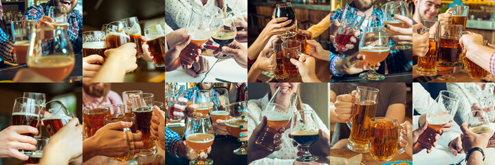 Collage of hands of young friends, colleagues during beer drinking, having fun, clinking bottles, glasses together. Flyer design. Oktoberfest, friendship, togetherness, happiness, holidays concept