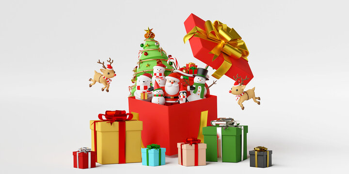 Merry Christmas and Happy New Year, Scene of Christmas celebration with Santa Claus and friends with big gift box, 3d rendering