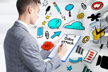 Business, technology, internet and network concept. Young businessman thinks over the steps for...