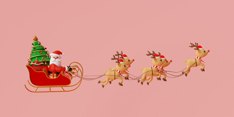 Merry Christmas and Happy New Year, Santa Claus on a sleigh full of Christmas gifts and pulled by reindeer, 3d rendering