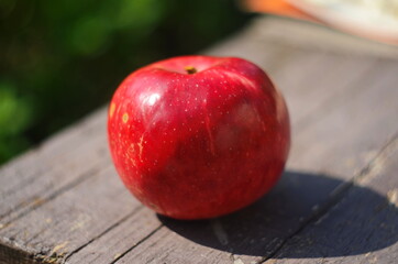 Ripe red apple on table close up