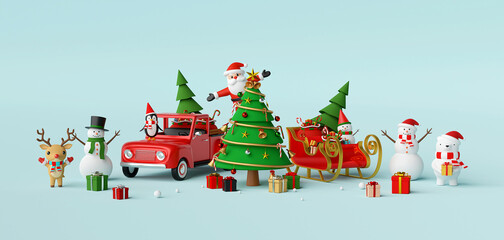 Merry Christmas and Happy New Year, Scene of Christmas celebration with Santa Claus and friends, 3d rendering