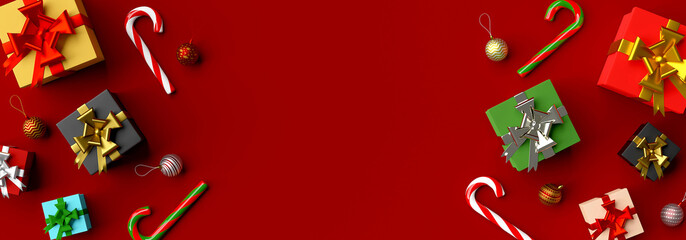 Christmas banner background of Christmas gifts and decoration, 3d rendering