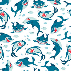 Seamless pattern with Sharks in cartoon style. Comic sharks emotions. Background with funny sea colors for children's room design, clothing, textiles, Wallpaper, digital paper. Vector illustration