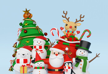 Merry Christmas and Happy New Year, Scene of Christmas celebration with Santa Claus and friends, 3d rendering