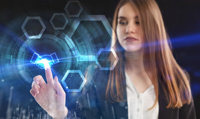 Business, Technology, Internet and network concept. Young businessman working on a virtual screen of the future and sees the inscription: