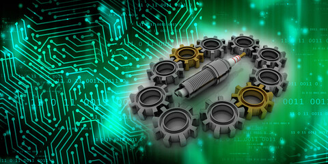 3d rendering technology spark plug with gear wheel
 