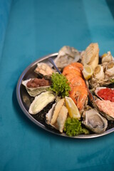 a plate of assorted seafood on a blue background in top view