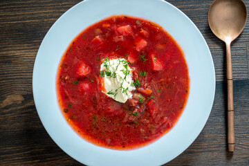 Ukrainian and russian national red borsch, close up