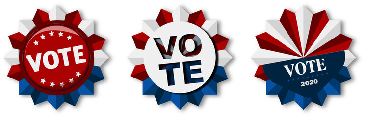 Vektor Banner Vote 2020, Präsidentschaftswahlen, Pin mit weißen, roten und blauen Elementen, Button mit Schriftzug 