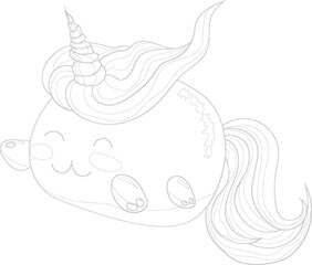 Cute unicorn cat creature toy sketch template. Cartoon vector illustration in black and white for icons, emoji symbols, games, background, pattern, decor. Coloring paper, page, story book