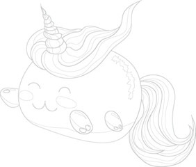 Cute unicorn cat creature toy sketch template. Cartoon vector illustration in black and white for icons, emoji symbols, games, background, pattern, decor. Coloring paper, page, story book