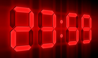 Red glowing digital clocks in the dark show 22:59 time