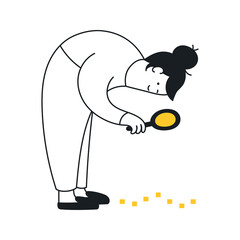 Search, investigation, looking at footprints through a magnifying glass. The cute cartoon woman studying and looking for something. Flat clean line vector illustration on white