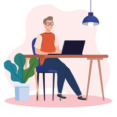 young man using laptop computer on desk, working online vector illustration design