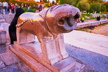 The old statue of lion at Khaju Bridge, Isfahan, Iran