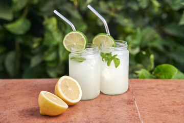 Freshly made lemonade glasses ready to drink.