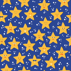 Seamless pattern with stars that make faces. Smiley, emoji, emoticon space cartoon background. 