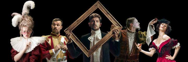 Framing. Collage on young people in medieval attire on dark background. Retro style, comparison of...