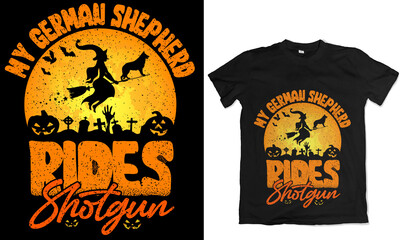 My German shepherd Dog rides shotgun - Halloween Illustration for T-shirt Design