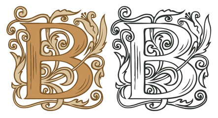 Initial letter B with vintage Baroque decorations. Two vector uppercase letters B in beige and black-white colors. Beautiful filigree capital letter to use for monogram, logo, emblem, card, invitation