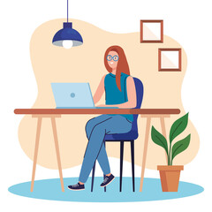 woman using laptop computer in desk, working online vector illustration design