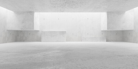 Abstract empty, modern concrete room with indirect lighting from top and cubes at the backwall - industrial interior background template