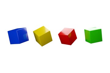 Blue, yellow, red and green cubes floating isolated on white background, playing or creativity concept
